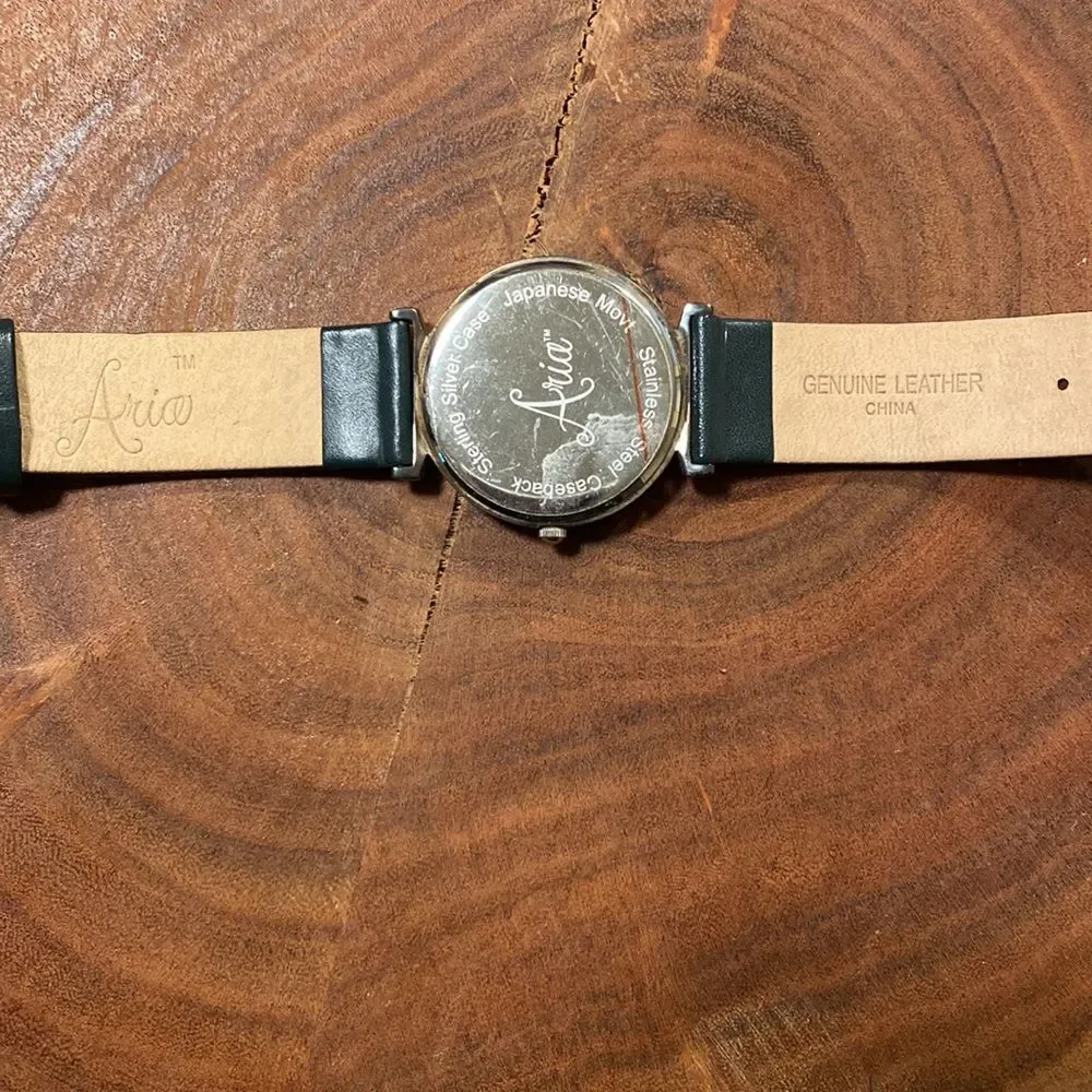ARIA Sterling Silver Quartz Watch - Green Mother of Pearl Face & Leather‎ Band
